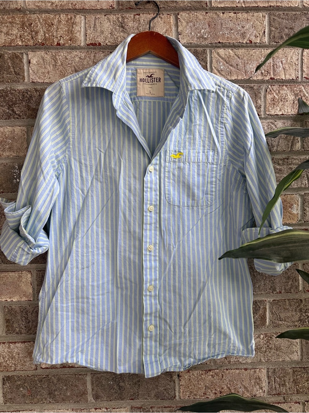 Vintage Y2K Hollister Light Blue lime green Stripe Button-Up Shirt Cotton Large